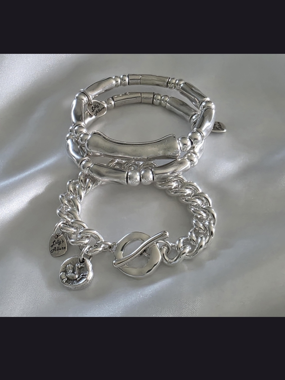 NWOT - Lillysallure Sterling Silver Beaded & Chain Bracelet Set - Picture 3 of 4